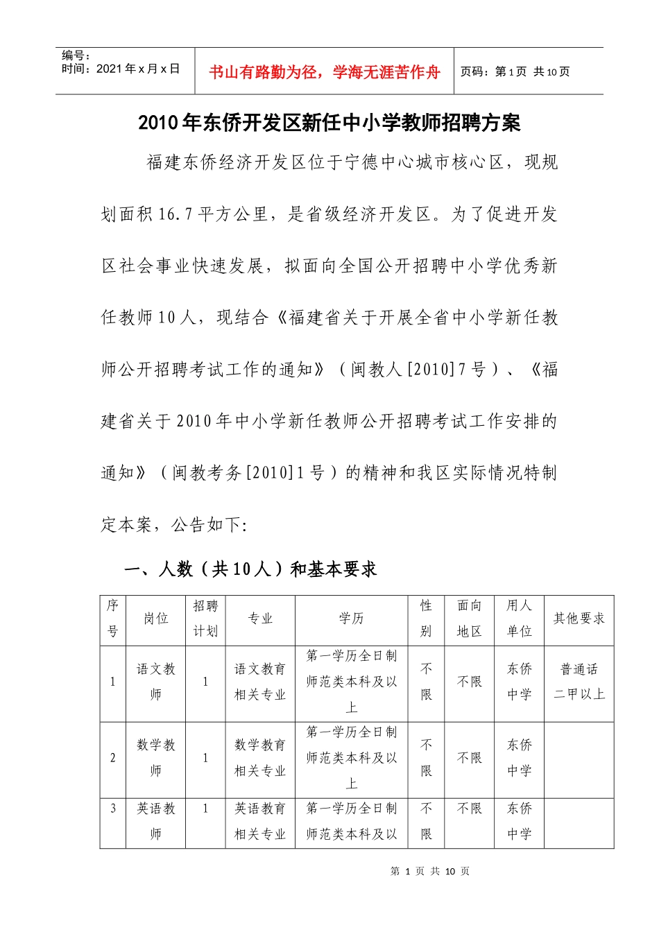 人力资源-2022XXXX年东侨开发区新任中小学教师招聘方案-XXXX年东_第1页