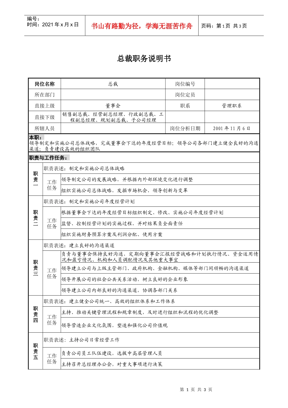 宝地建设集团总裁职务说明书_第1页