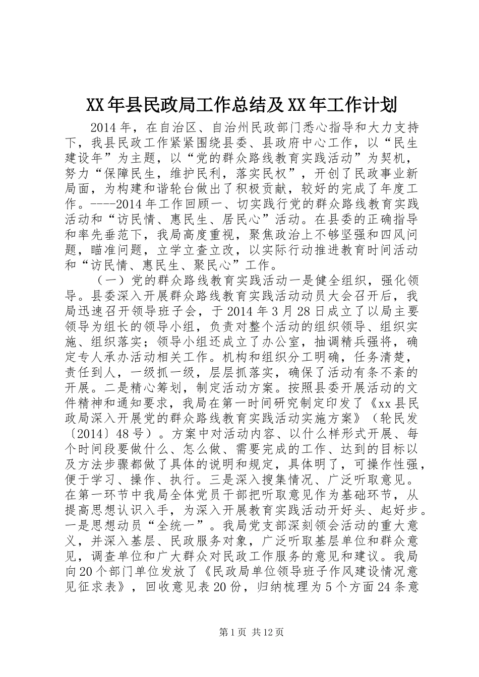 XX年县民政局工作总结及XX年工作计划_第1页