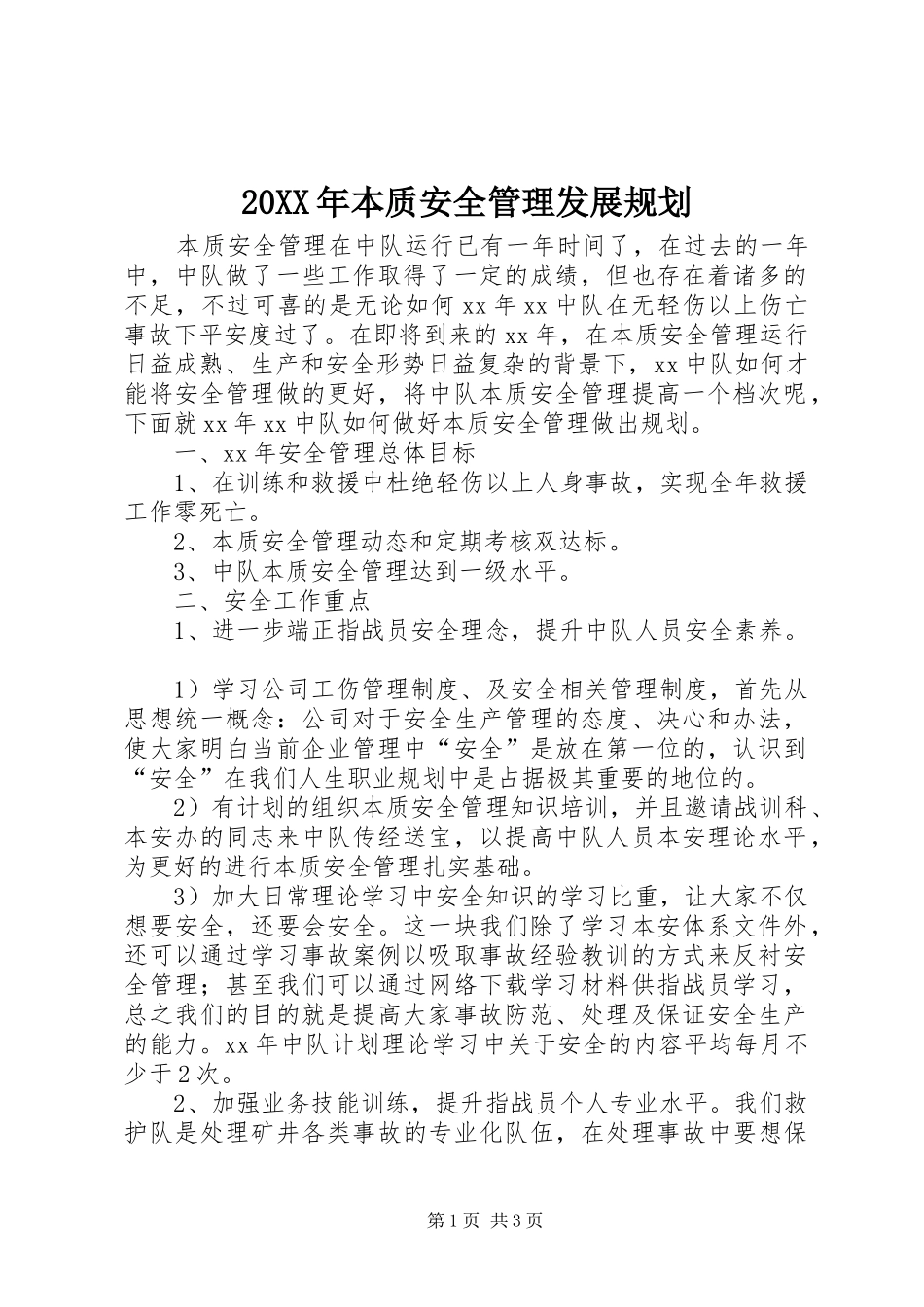 20XX年本质安全管理发展规划_第1页