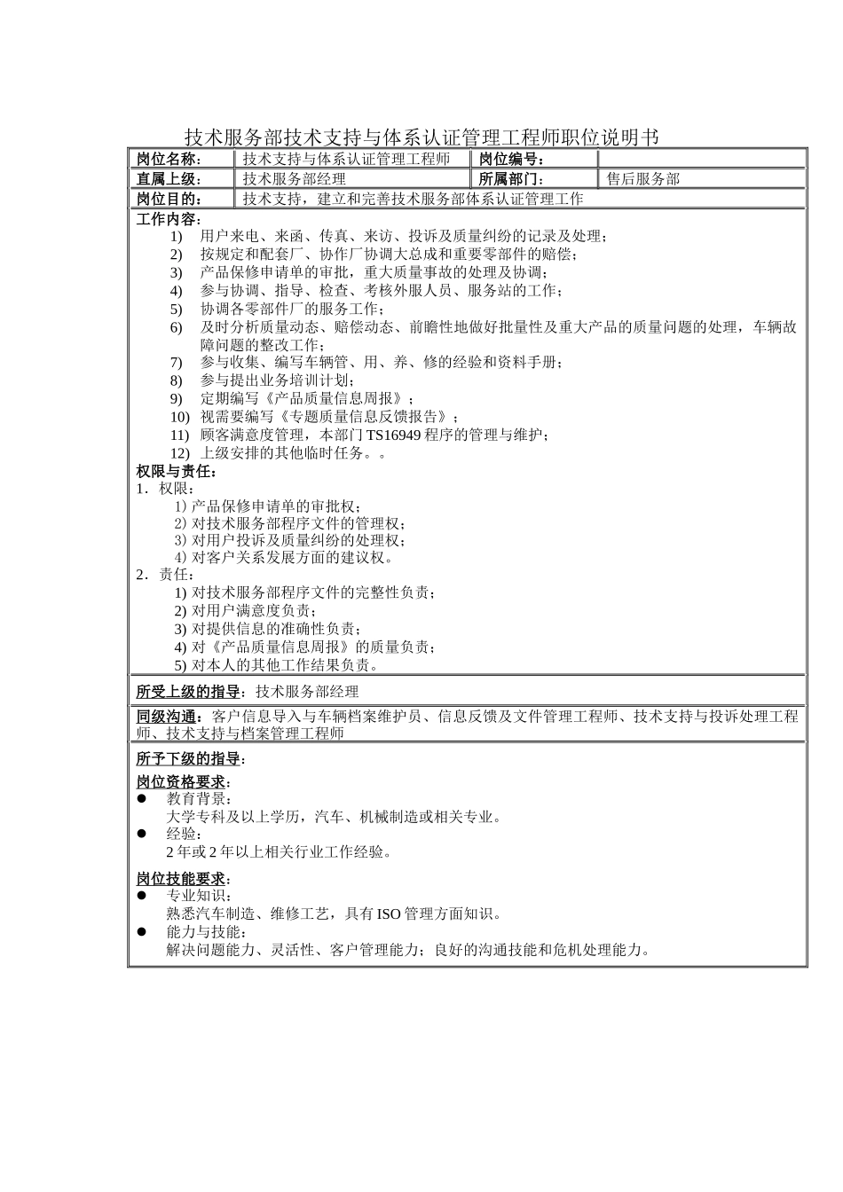 技术服务部技术支持与体系认证管理工程师职位说明书_第1页