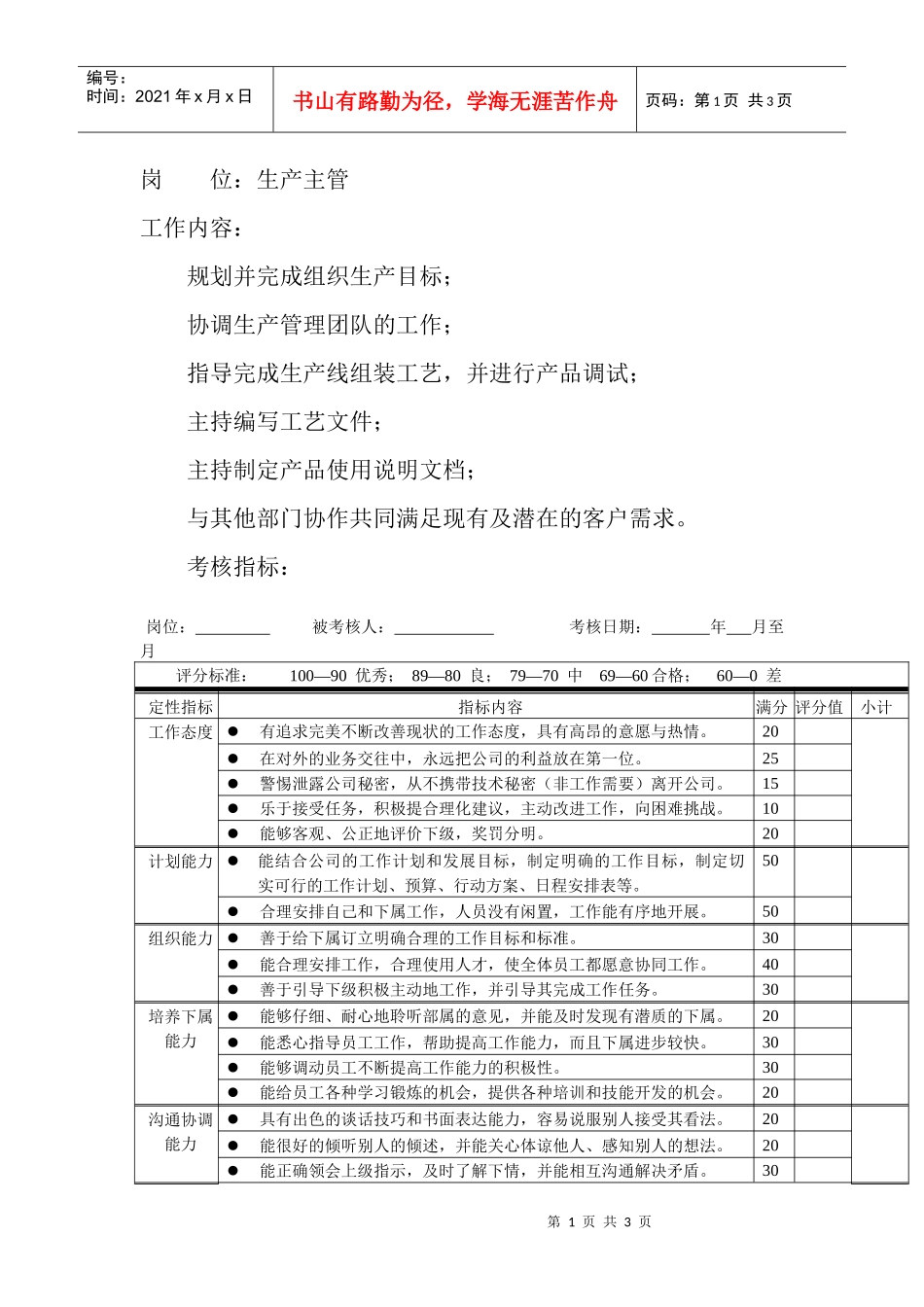 岗位工作内容和年度定性考核指-生产主管_第1页