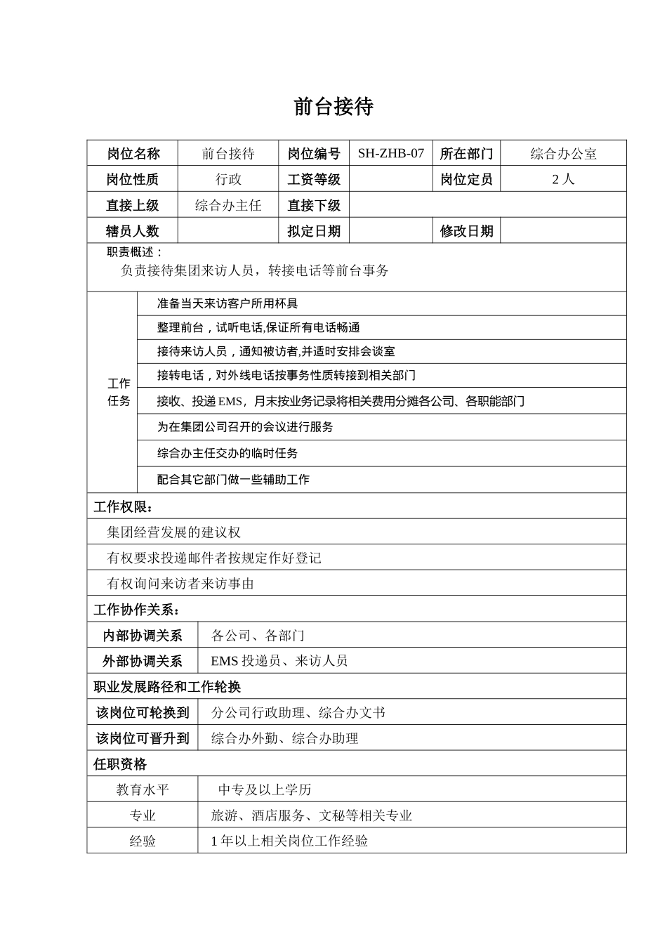 汽车集团综合办前台接待-岗位职责说明书_第1页