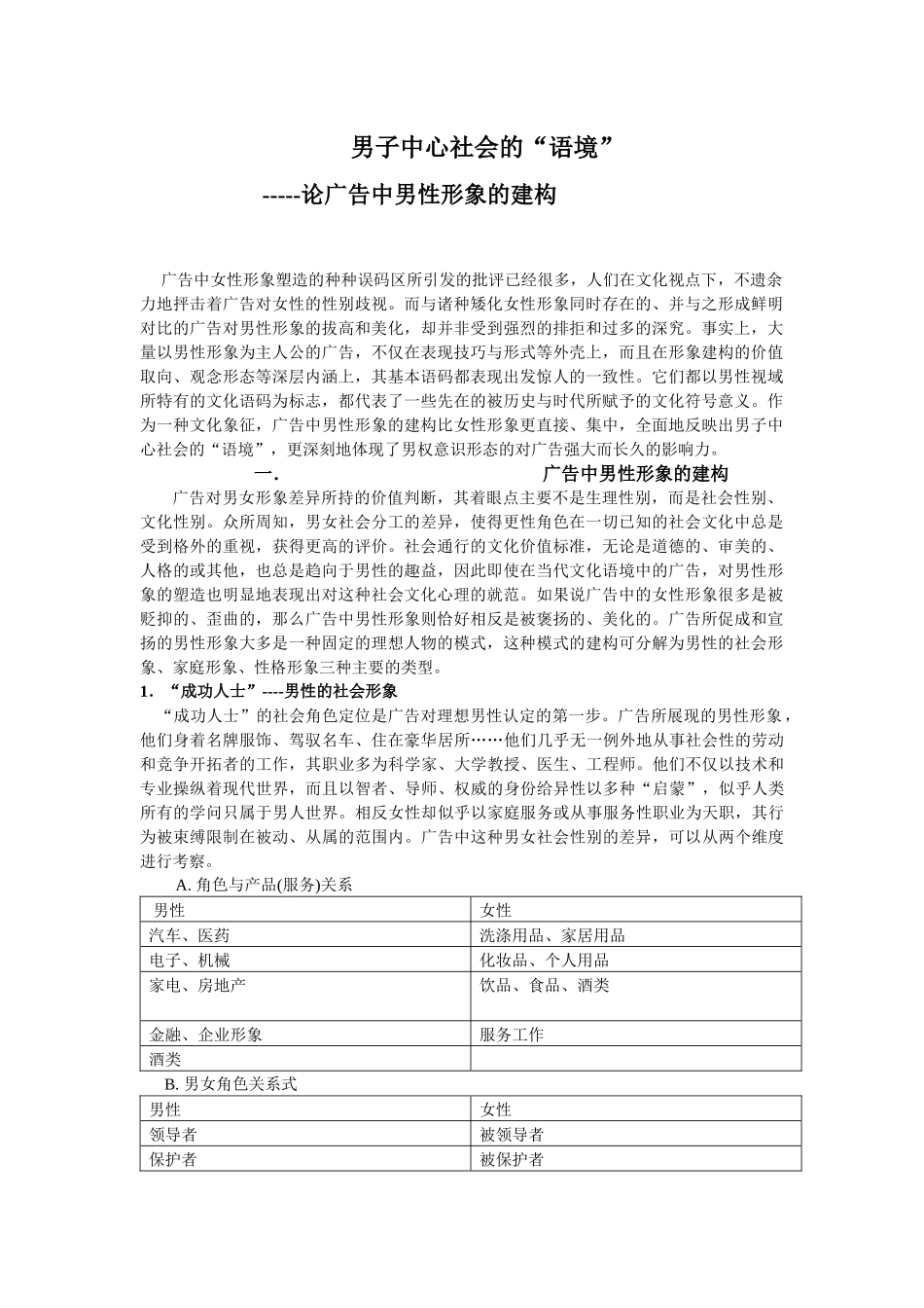 男子中心社会的“语境”--- -----论广告中男性形象的建构_第1页