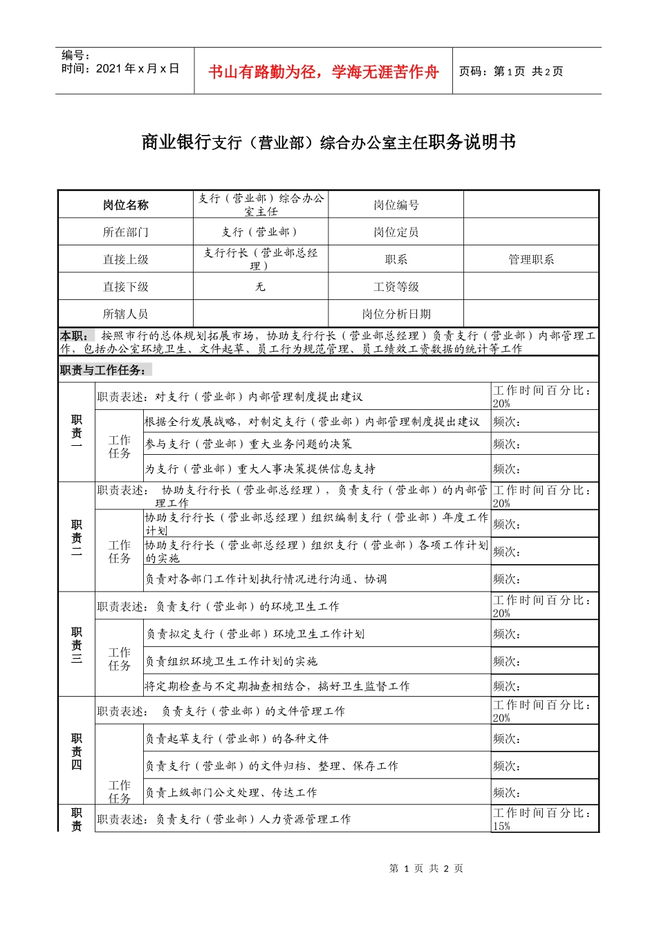 商业银行支行（营业部）综合办公室主任职务说明书_第1页