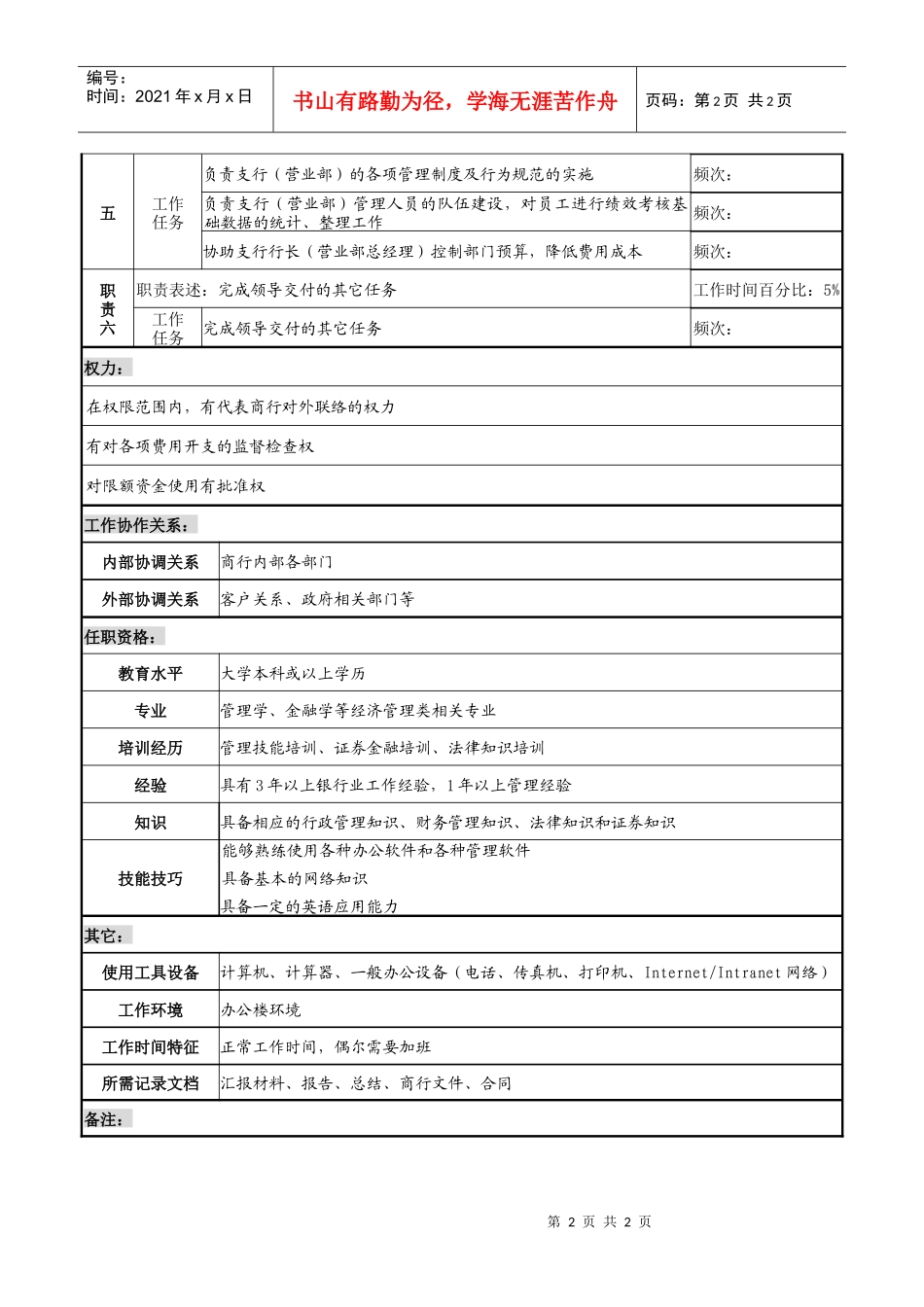 商业银行支行（营业部）综合办公室主任职务说明书_第2页