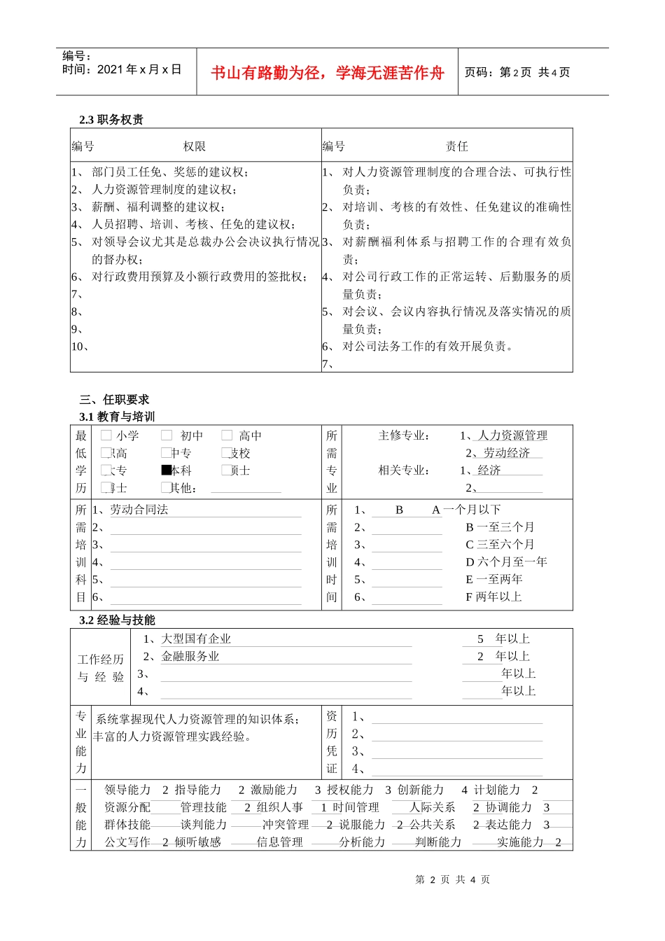 人力资源与行政部总经理职务说明书_第2页