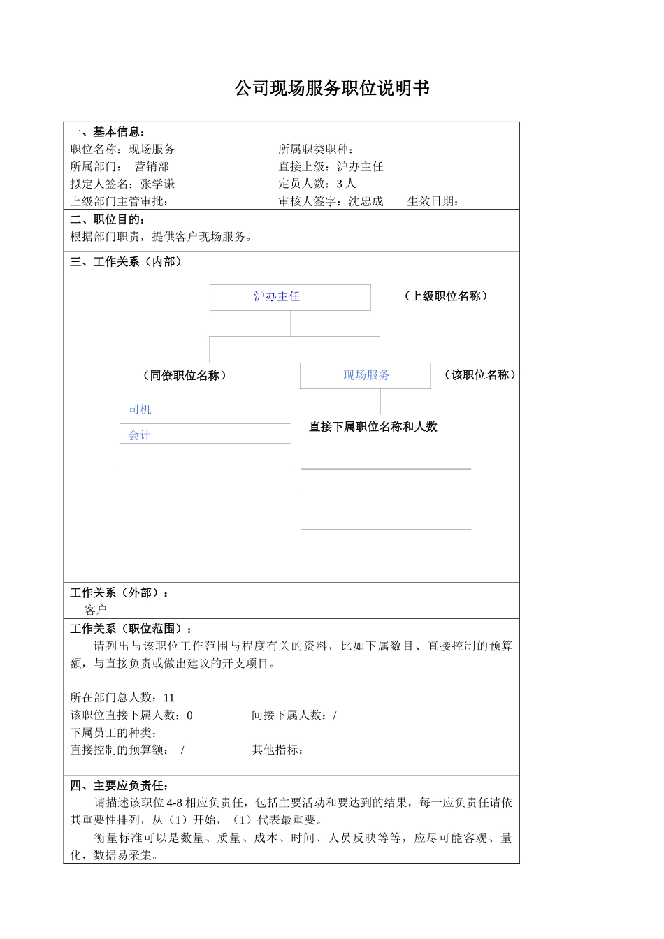 某大型汽车零部件公司营销部现场服务职位说明书_第1页