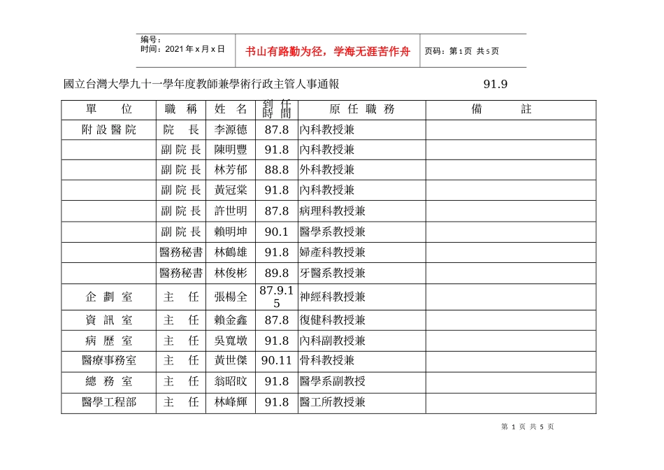 国立台湾大学九十一学年度教师兼学术行政主管人事通报_第1页
