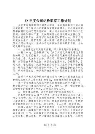 XX年度公司纪检监察工作计划