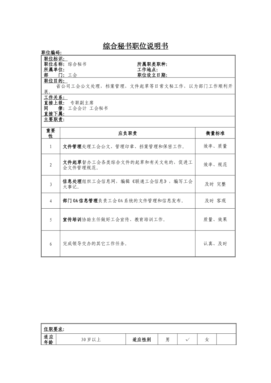 工会综合秘书岗位说明书_第1页