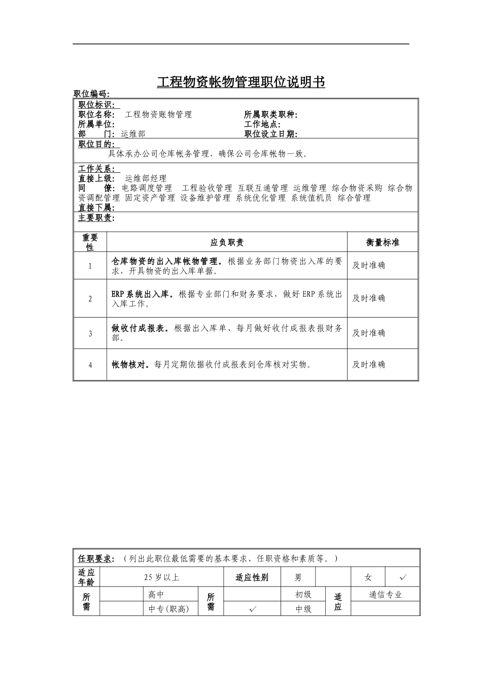 工程物资帐务管理岗位说明书_第1页