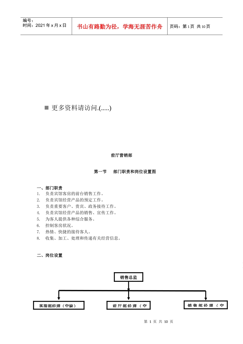前厅营销部岗位职务说明_第1页