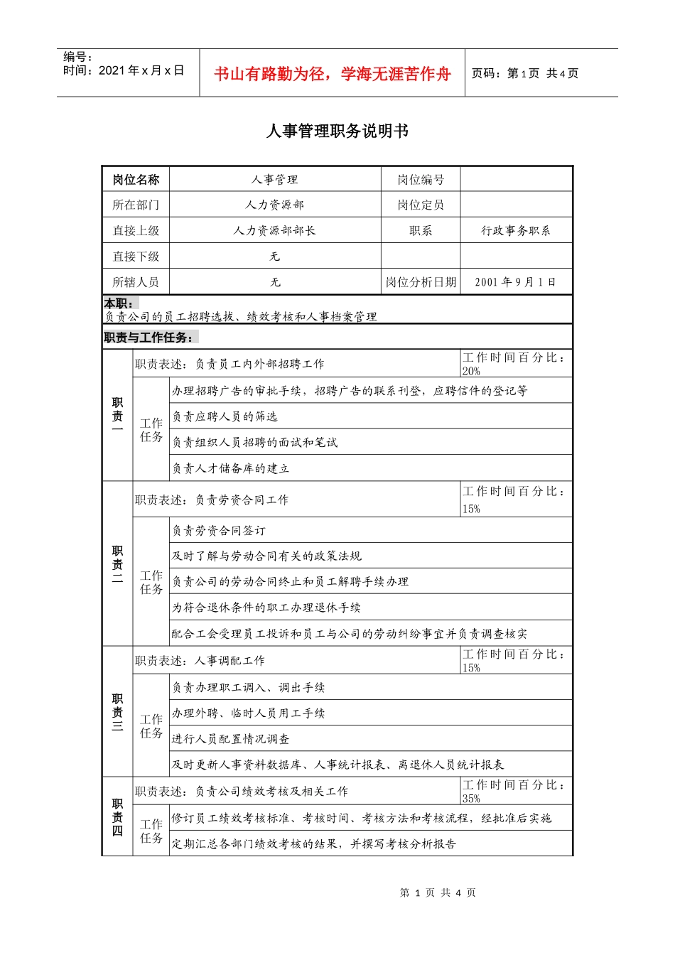人事管理职务说明书_第1页