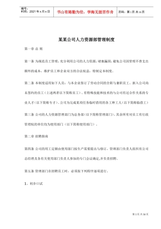 某某公司人力资源部管理制度