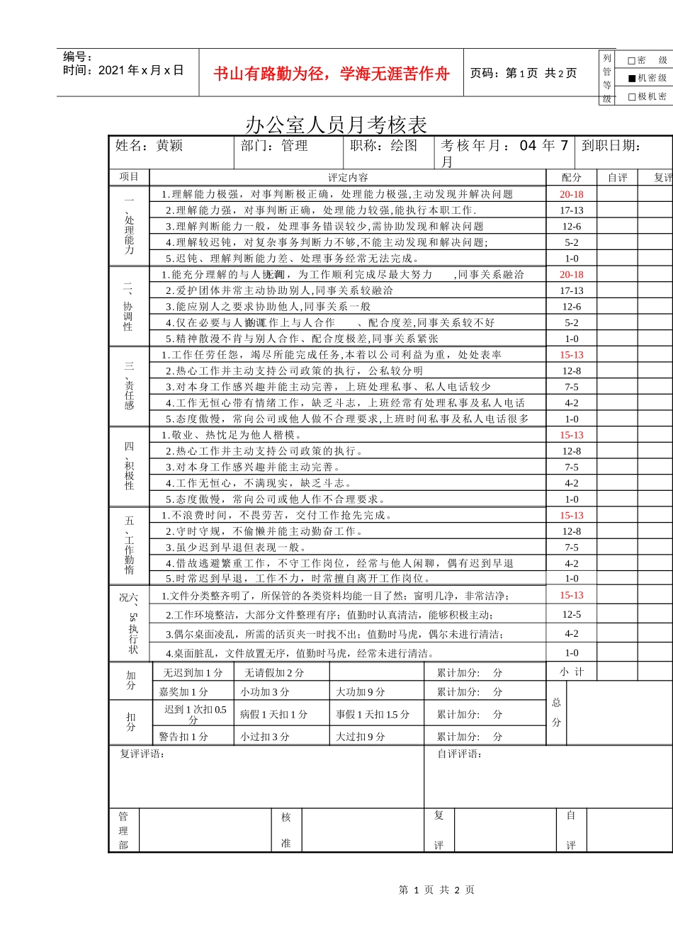 办公室人员考核表_第1页