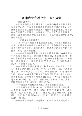 XX市农业发展“十一五”规划