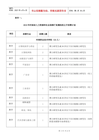 XXXX年河南省人力资源和社会保障厅直属院校公开招聘计划-