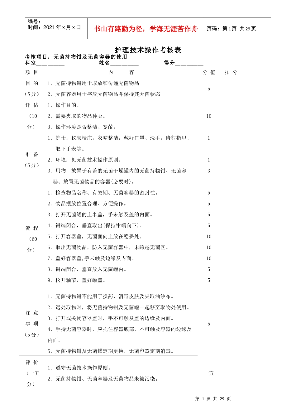 医院集团护理技术操作考核表_第1页