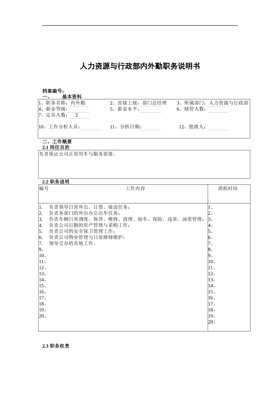 人力资源与行政部内外勤职务说明书_第1页