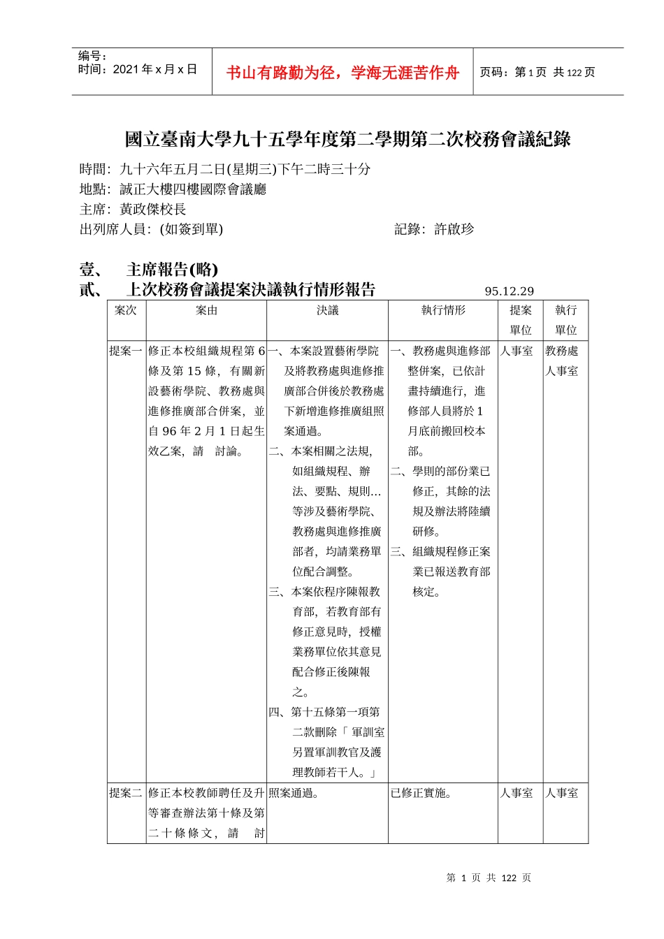 国立台南大学九十五学年度第二学期第二次校务会议纪录_第1页