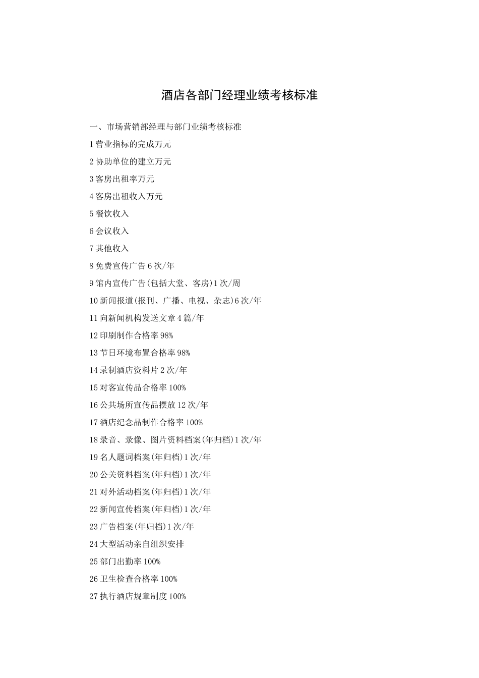 酒店各部门经理业绩考核标准（18P）_第1页
