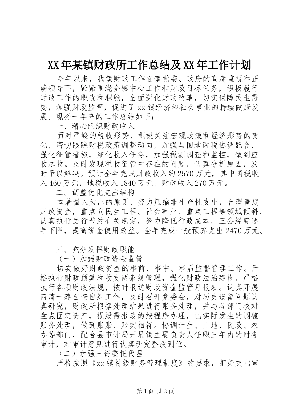 XX年某镇财政所工作总结及XX年工作计划_第1页