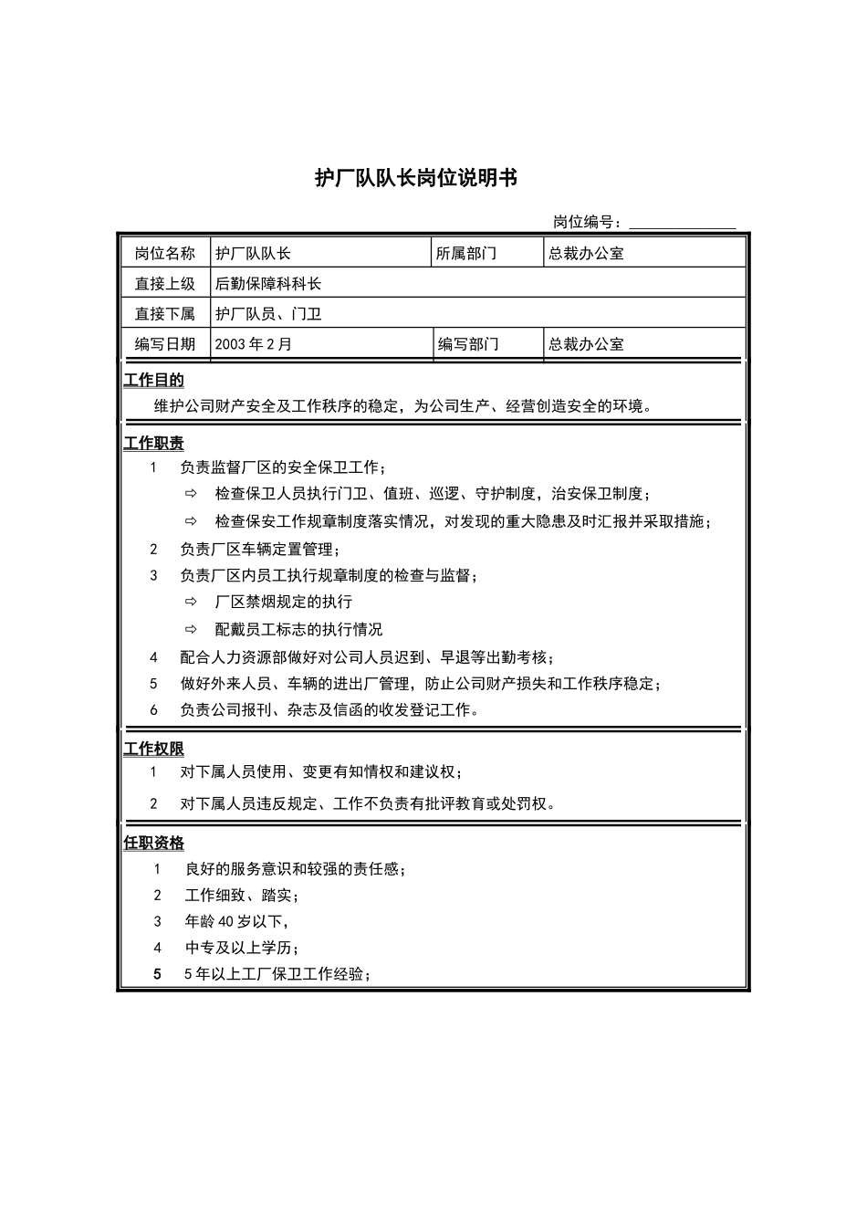 后勤保障科护厂队队长岗位说明书_第1页