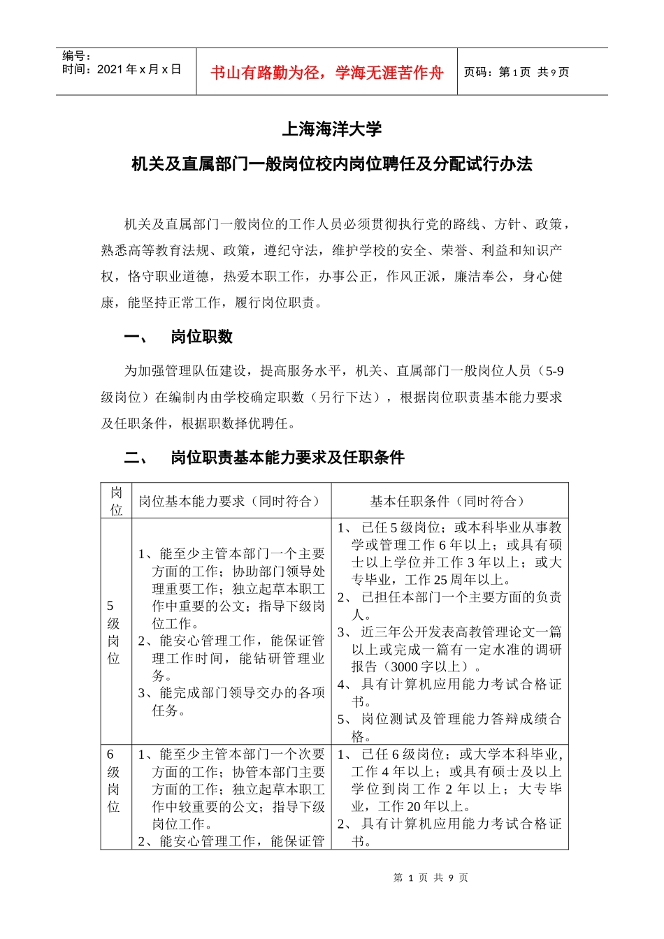 上海海洋大学机关及直属部门一般岗位校内岗位聘任及分配试行办法_第1页