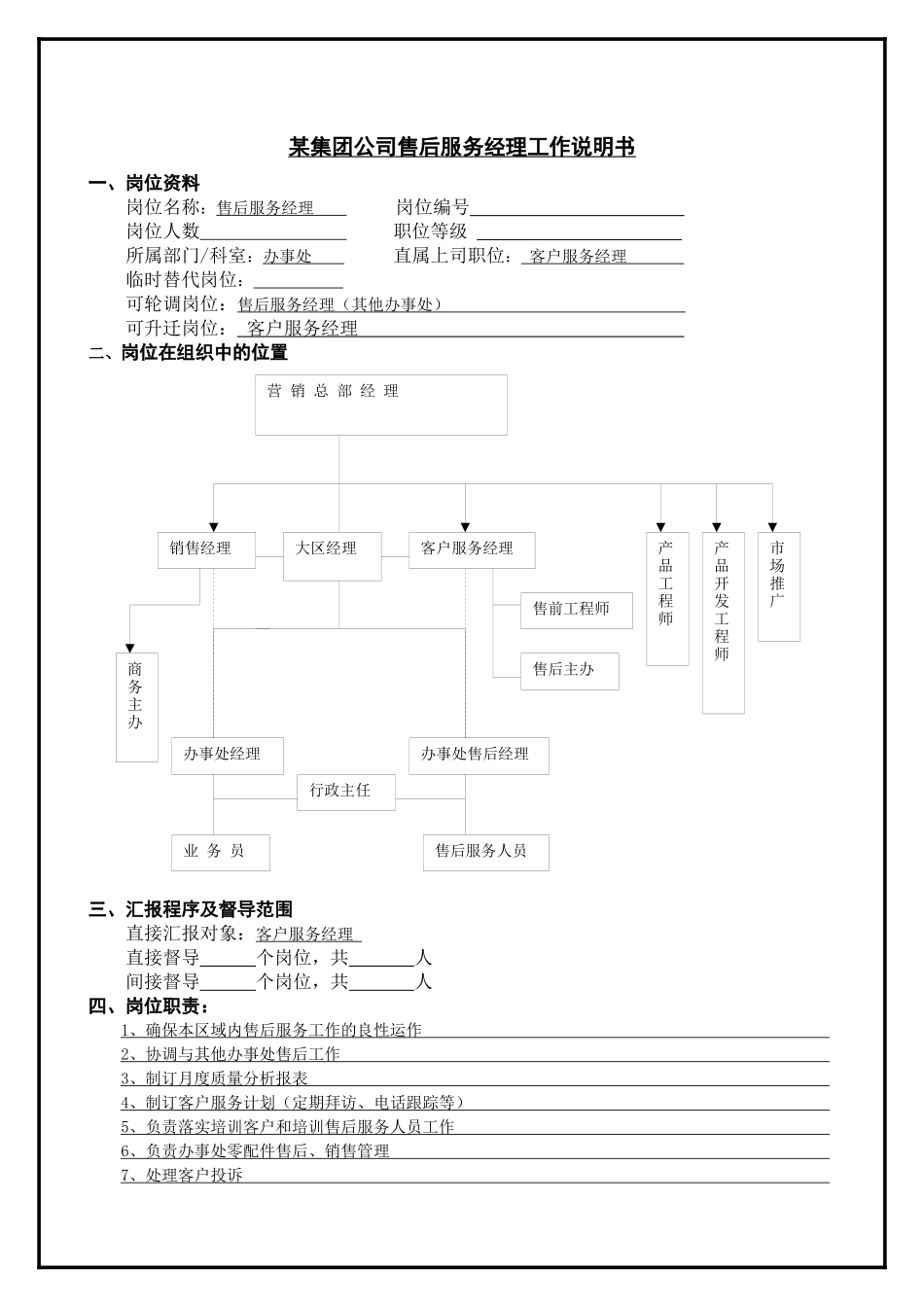 某集团公司售后服务经理工作说明书_第1页