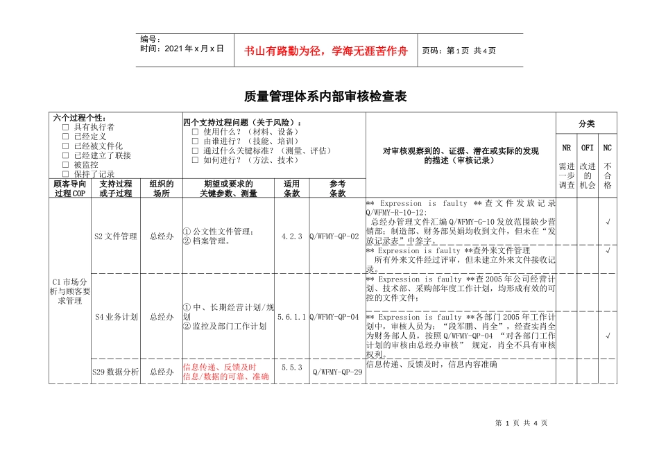 质量管理体系内部审核检查表_第1页