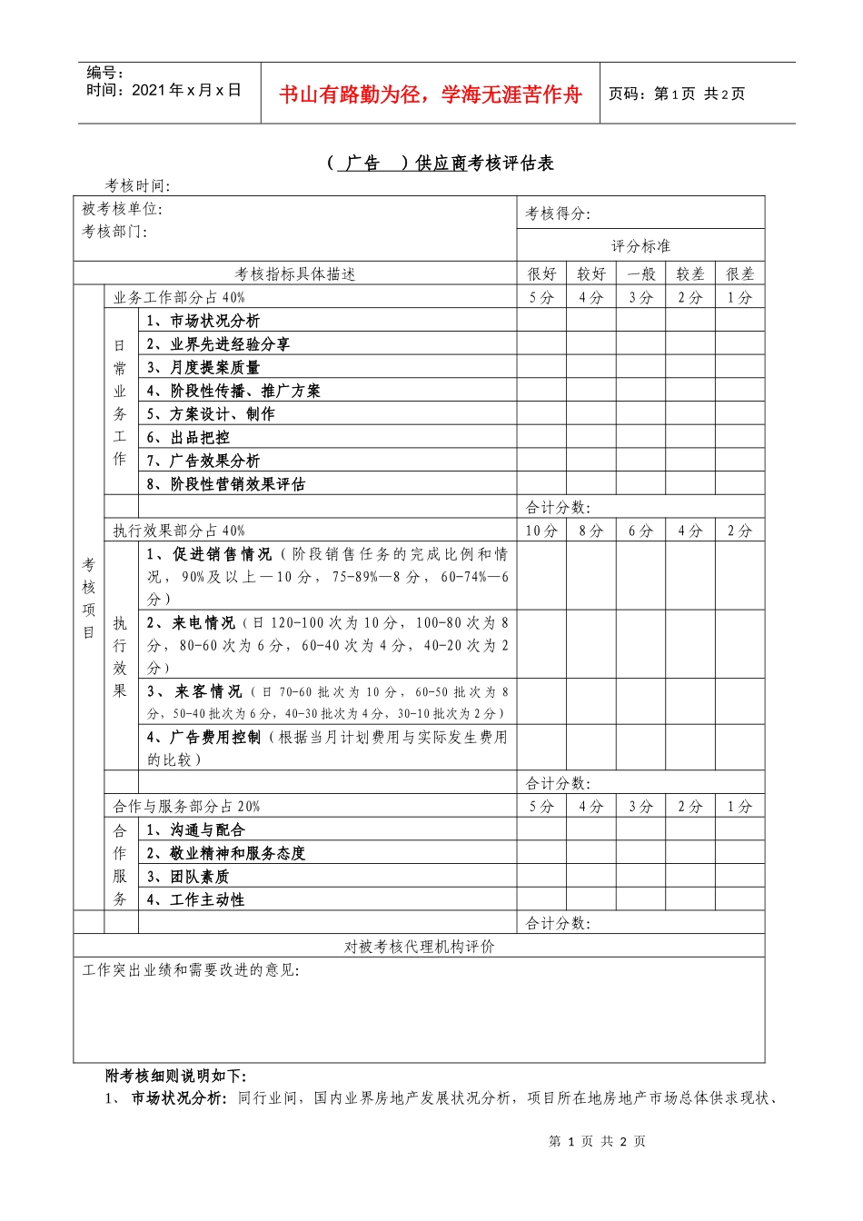 合作代理机构（广告）考核评估样表_第1页