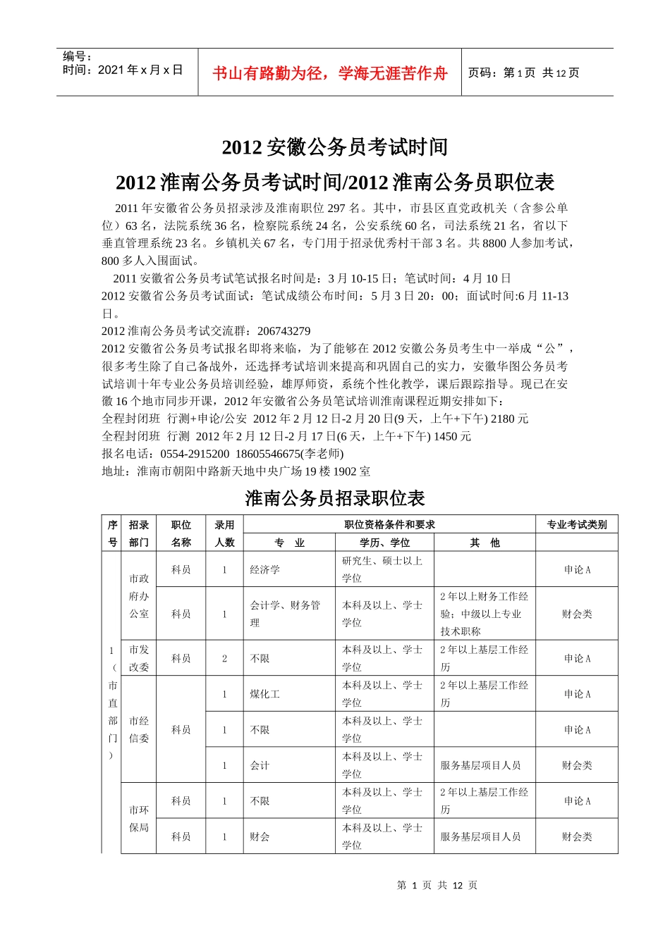 XXXX淮南公务员考试职位表_第1页