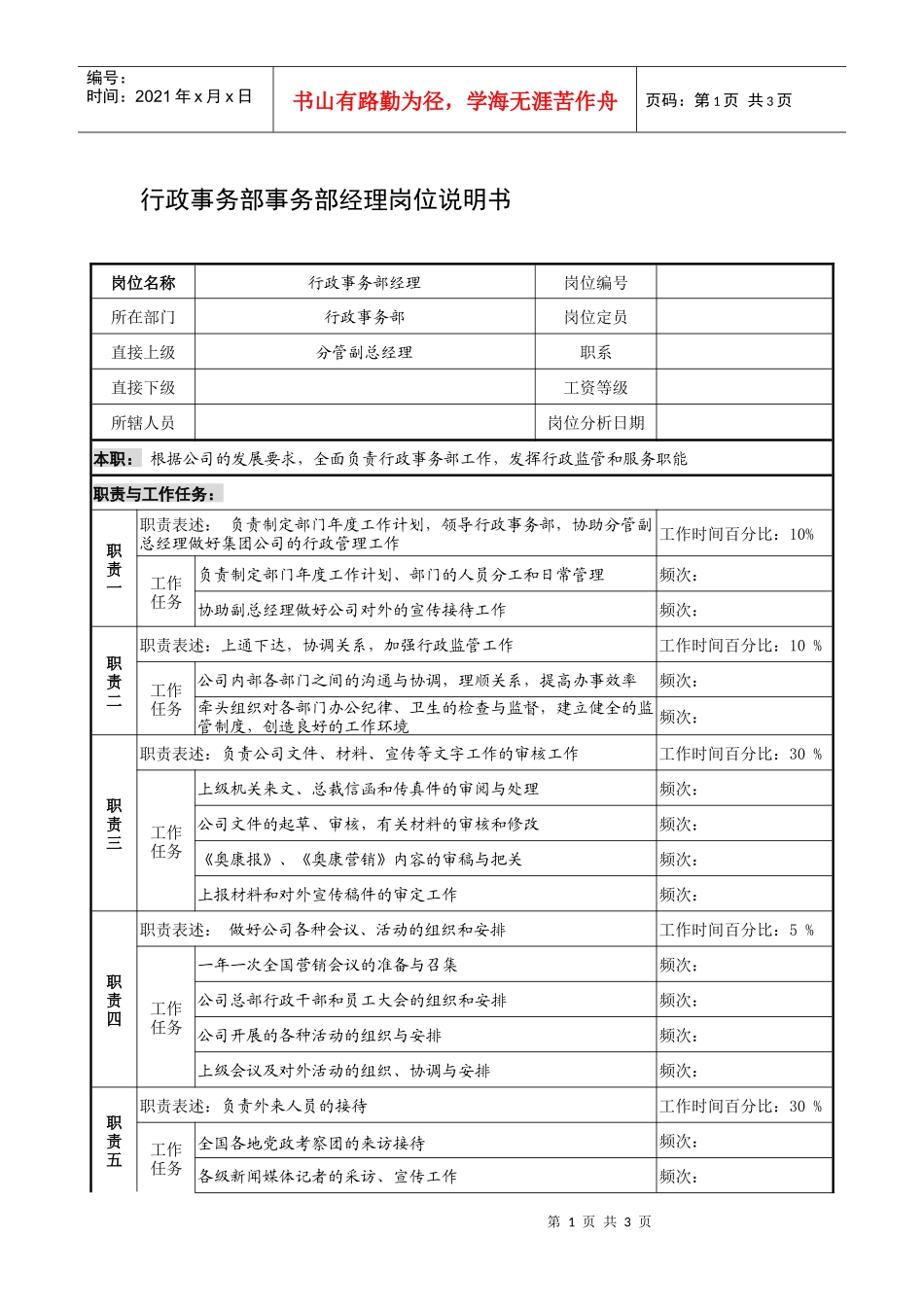 制鞋企业行政事务部事务部经理岗位说明书_第1页