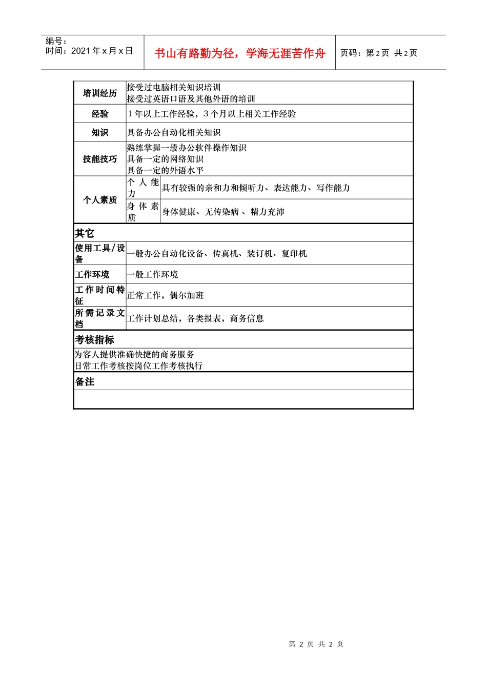 商务中心文员岗位说明书_第2页