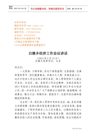白雄乡经济工作会议报告