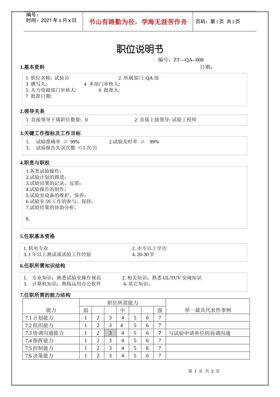 人力资源-2022QA部试验员 职位说明书_第1页