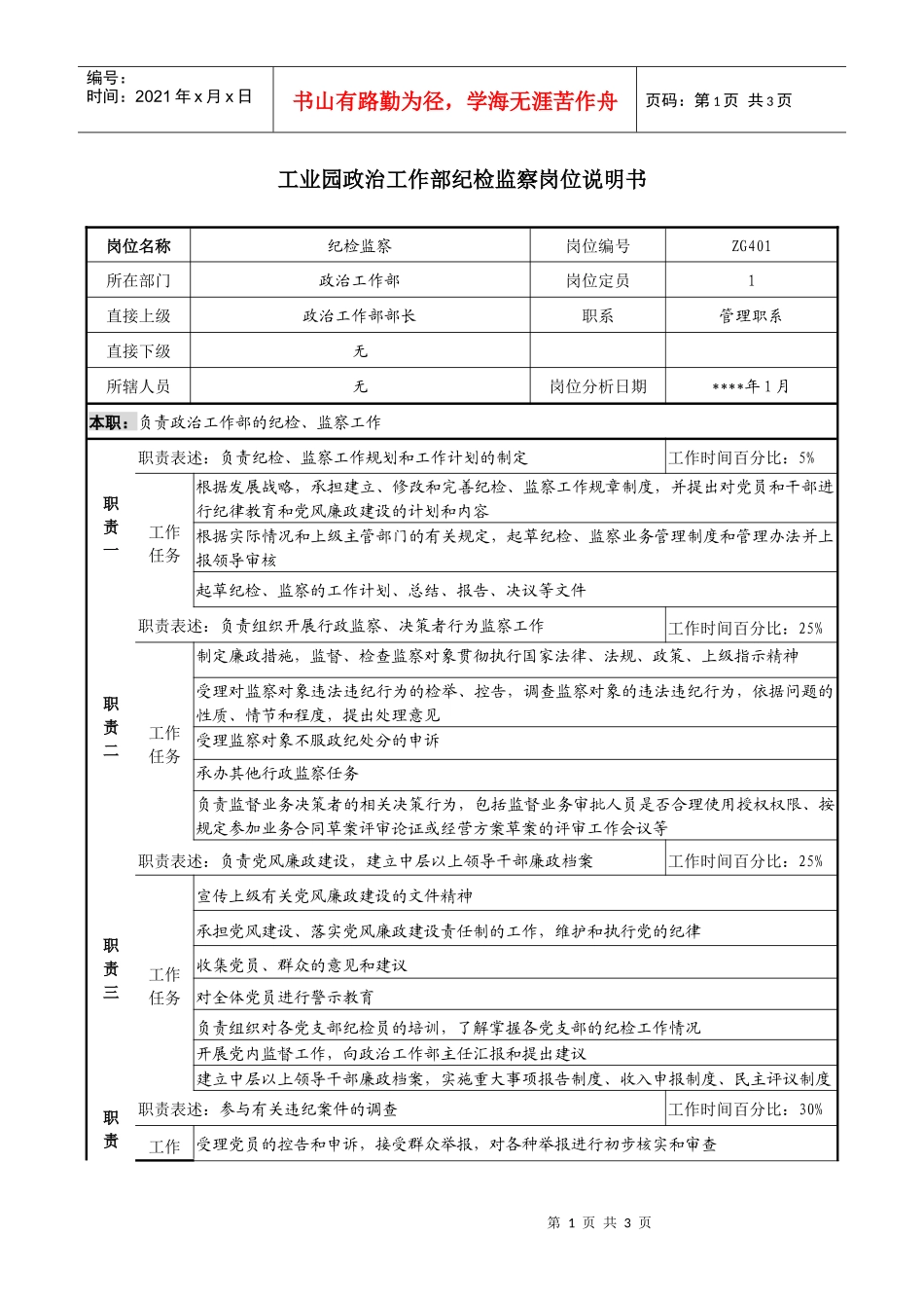 工业园政治工作部纪检监察岗位说明书_第1页