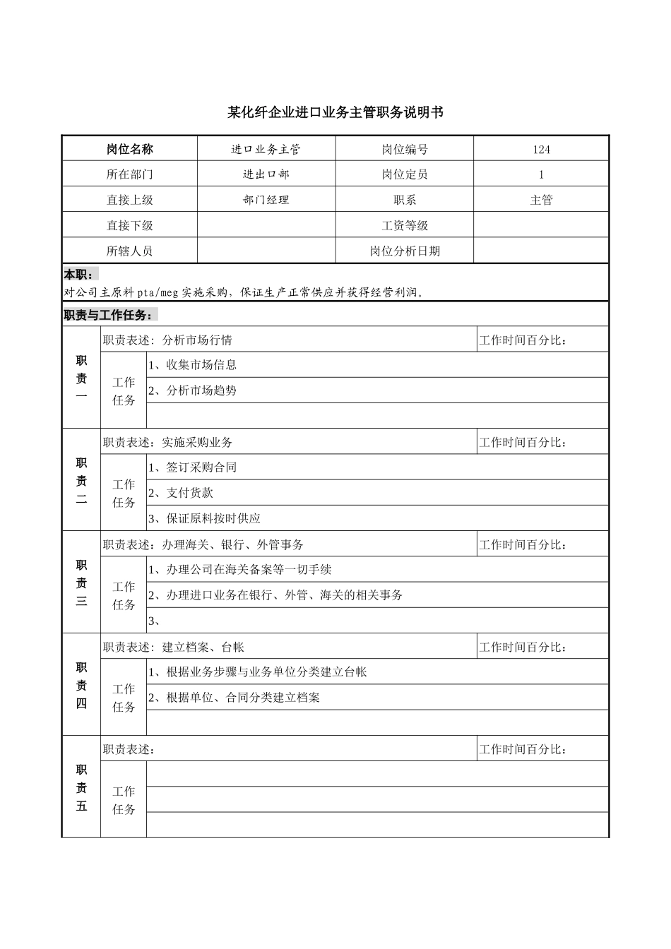 某化纤企业进口业务主管职务说明书_第1页