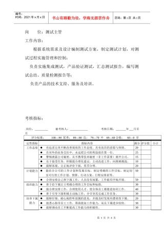岗位工作内容和年度定性考核指标-测试主管