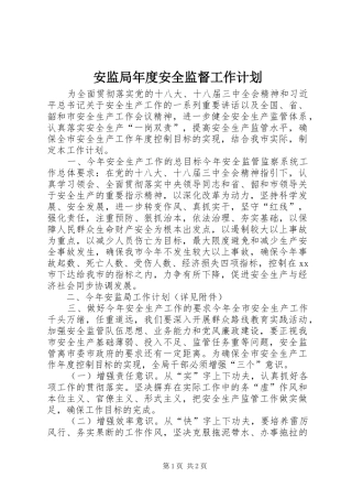 安监局年度安全监督工作计划