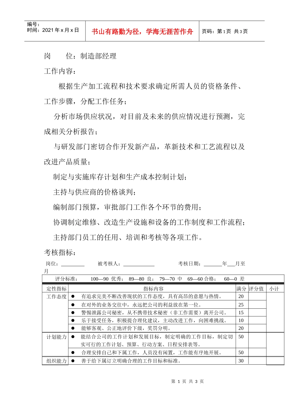 岗位工作内容和年度定性考核指-制造部经理_第1页