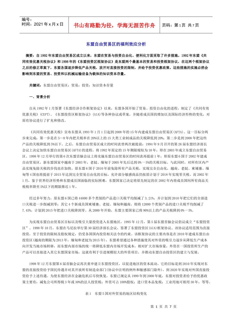 东盟自由贸易区的福利效应分析_第1页