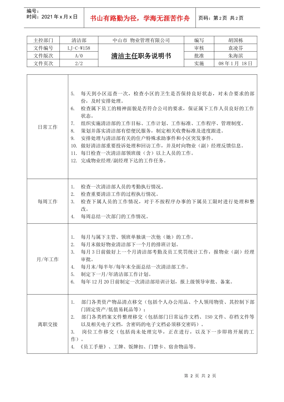 人力资源-2022LJ-C-W158清洁主任职务说明书（A0版080130）_第2页