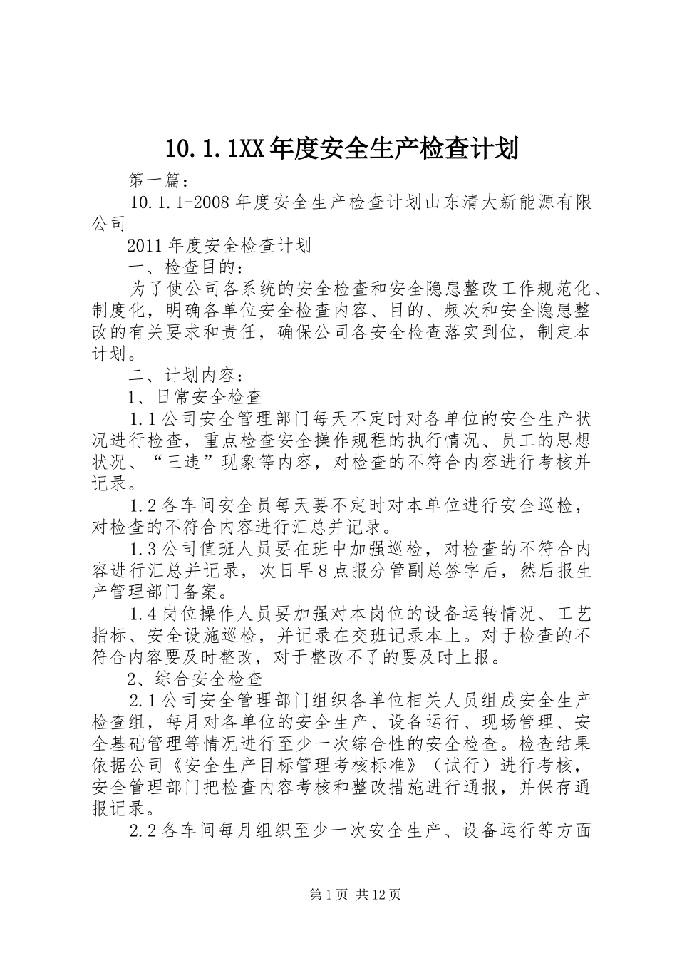 10.1.1XX年度安全生产检查计划_第1页