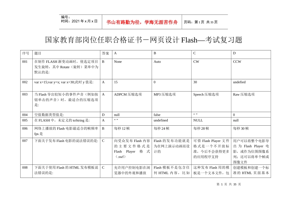 国家教育部岗位任职合格证书-网页设计flash_第1页