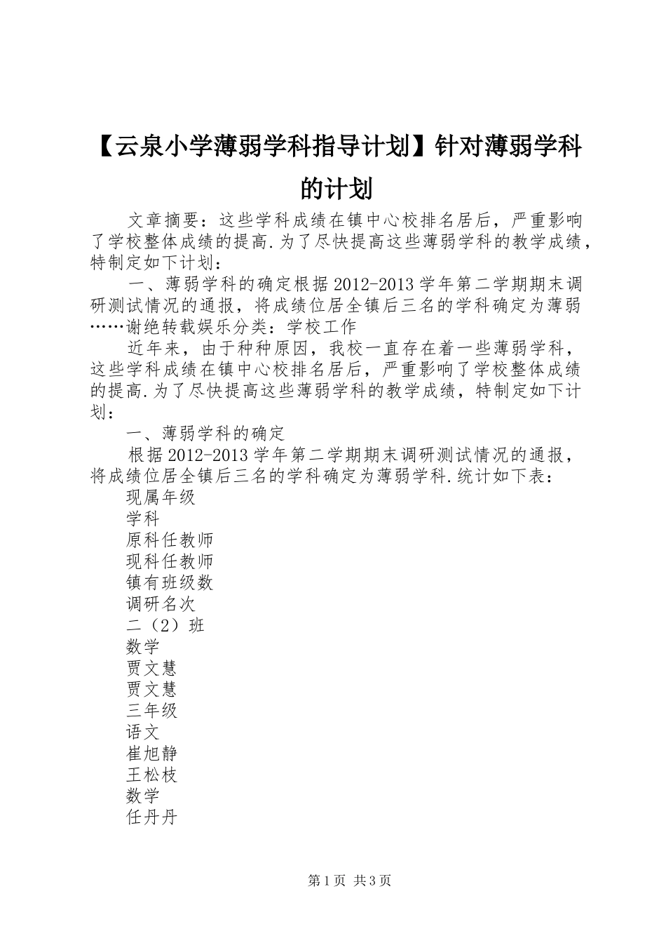 【云泉小学薄弱学科指导计划】针对薄弱学科的计划_第1页
