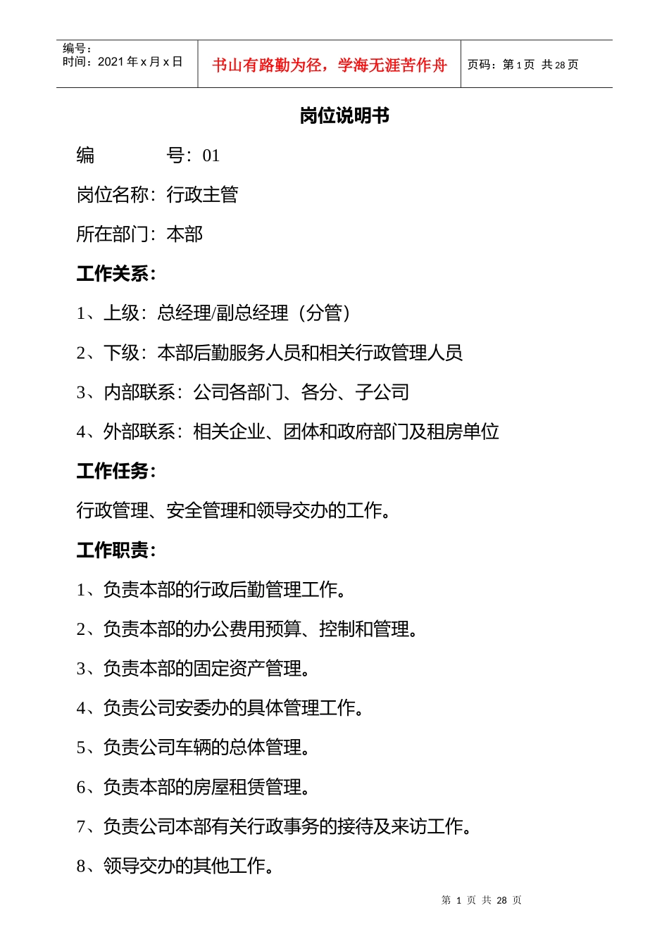 人力资源-2022HR必备岗位职责说明书_第1页