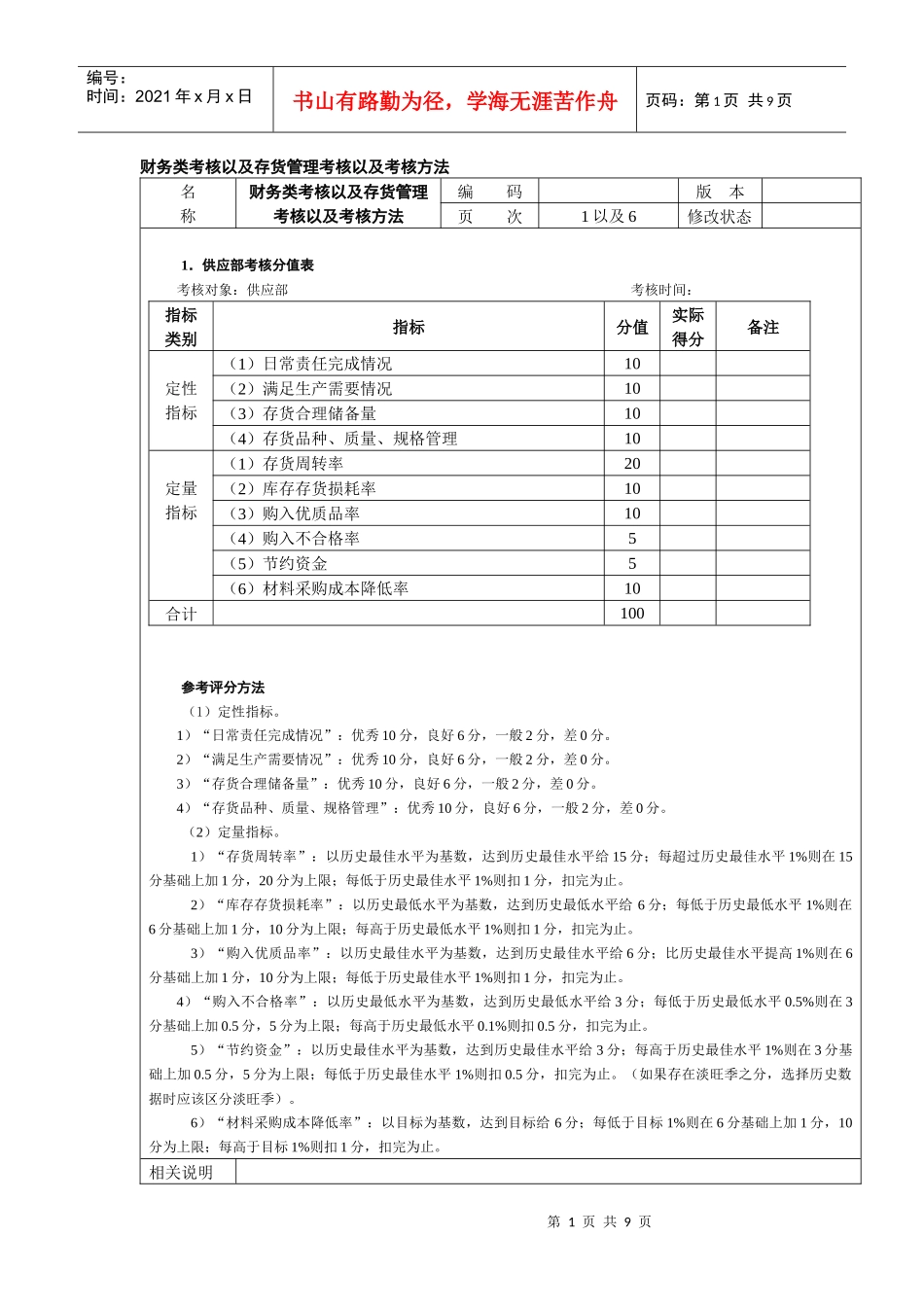 存货管理考核以及考核方法_第1页