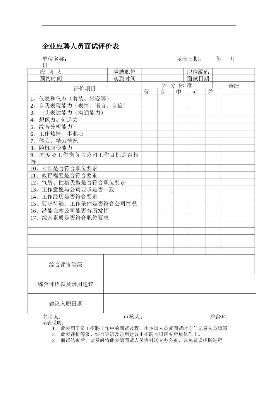 企业应聘人员面试评价表_第1页